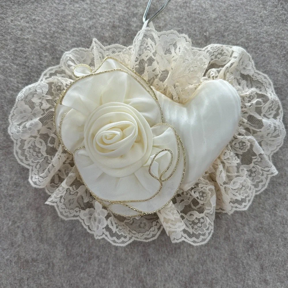 White Satin Double‎ Heart Pillow Lace Trim Floral Ornament Wedding Decor Satchet